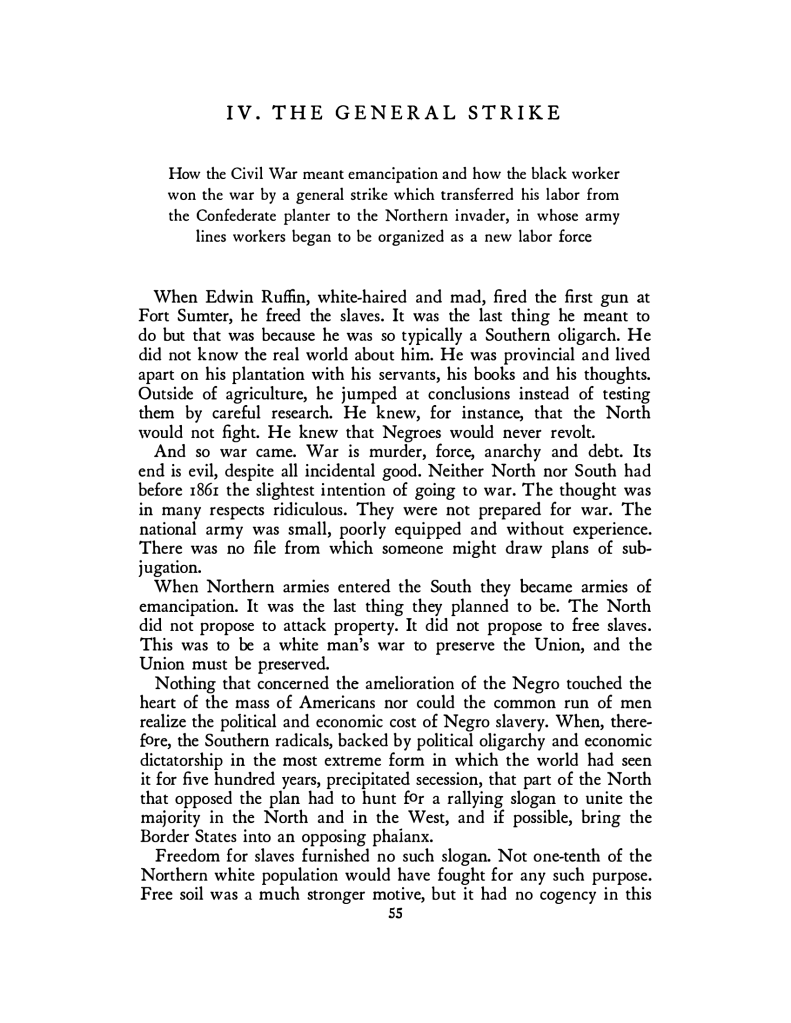 The first page of Chapter 4 of Black Reconstruction, “The General Strike”
