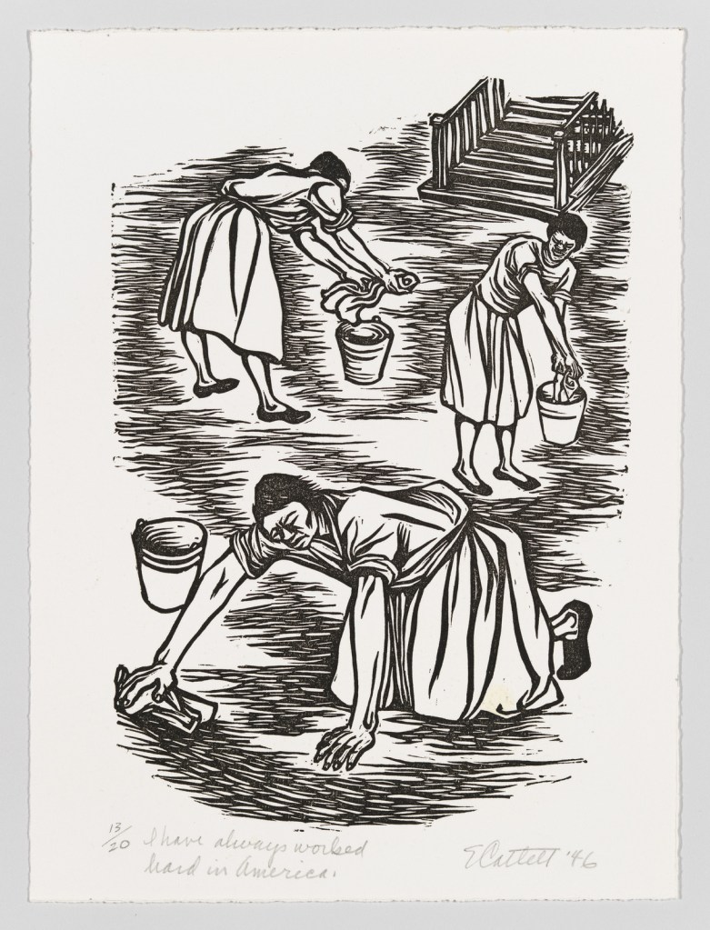 A print by Elizabeth Catlett, “I have always worked hard in America”